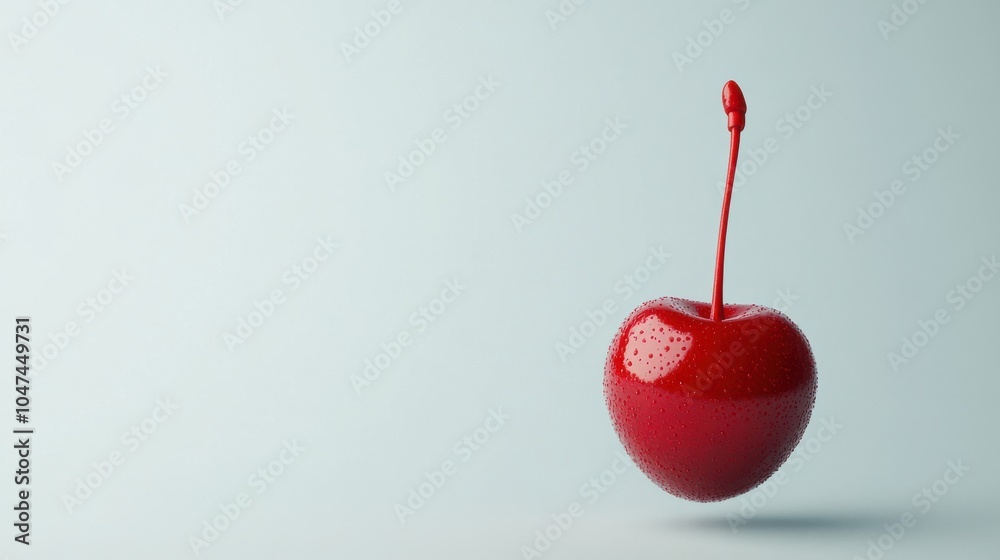 Floating Cherry with Water Droplets on Solid Background Floating Cherry with Water Droplets on Solid Background
