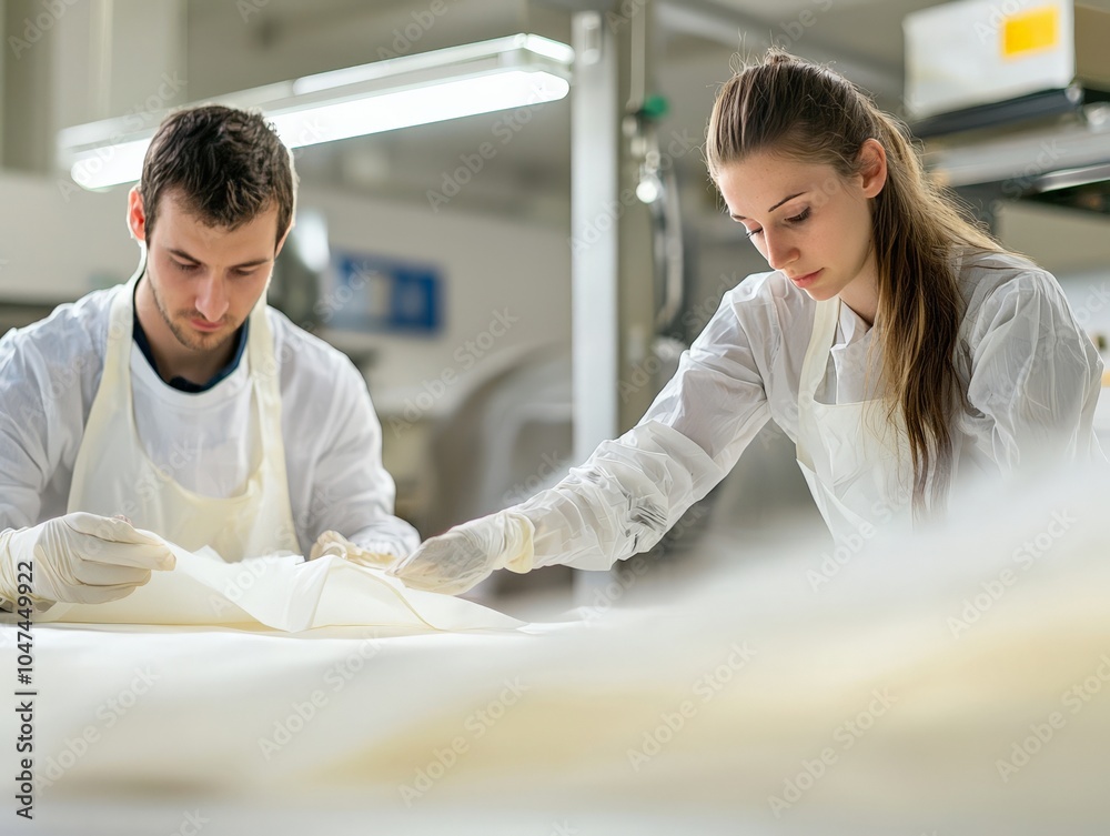 Engineers testing the durability of fabrics in a textile lab Engineers testing the durability of fabrics in a textile lab