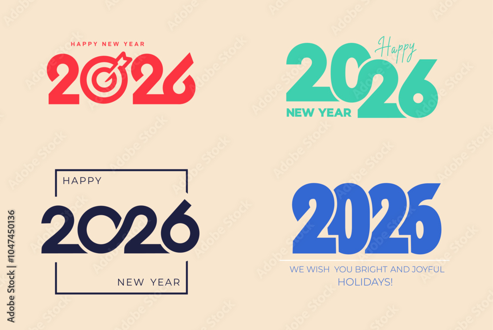 Collection of luxury 2026 New Year number logo, text design. Set of 2026 Happy New Year background Design. Template for calendar, greeting card, holidays, banner, poster. Vector Illustration. Collection of luxury 2026 New Year number logo, text design. Set of 2026 Happy New Year background Design. Template for calendar, greeting card, holidays, banner, poster. Vector Illustration.