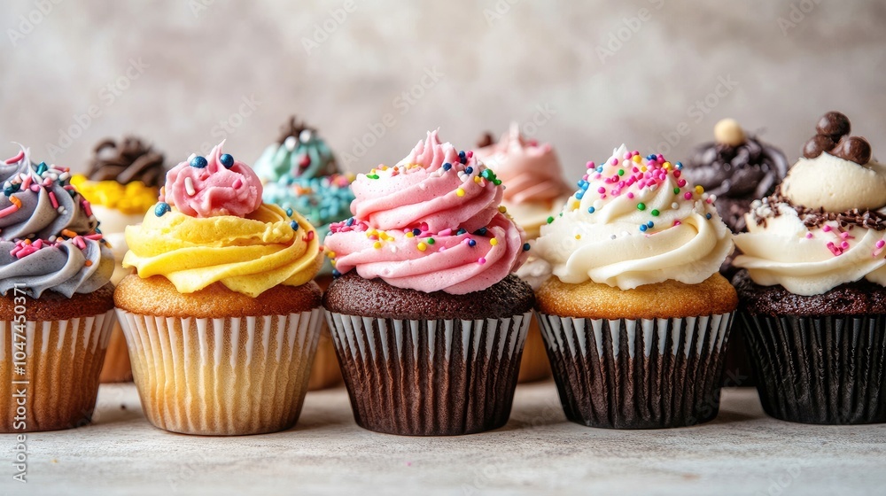 A variety of cupcakes with colorful frosting, sprinkles, and decorative toppings, displayed in a row for a fun, celebratory dessert concept. A variety of cupcakes with colorful frosting, sprinkles, and decorative toppings, displayed in a row for a fun, celebratory dessert concept.