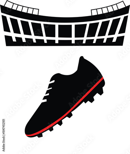 A minimalist illustration featuring a football boot with red accents and a stadium silhouette. Perfect for sports branding, football-themed designs, or promotional materials for soccer events.
