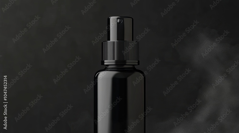 Close-up of a glossy black spray bottle with a fine mist nozzle, floating against a transparent background. Ideal for cosmetics or skincare packaging mockups. Close-up of a glossy black spray bottle with a fine mist nozzle, floating against a transparent background. Ideal for cosmetics or skincare packaging mockups.
