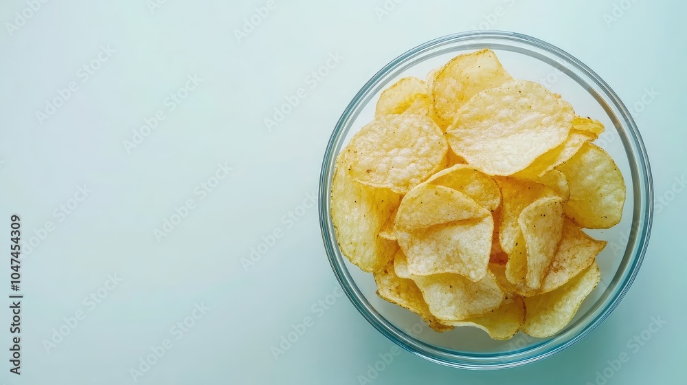 Crispy potato chips in a clear bowl placed on a plain white background, ready for a quick and easy snack concept. Crispy potato chips in a clear bowl placed on a plain white background, ready for a quick and easy snack concept.