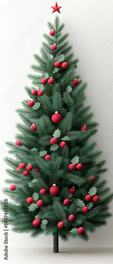 beautifully decorated Christmas tree adorned with red ornaments and holly leaves, creating festive atmosphere perfect for holiday season beautifully decorated Christmas tree adorned with red ornaments and holly leaves, creating festive atmosphere perfect for holiday season