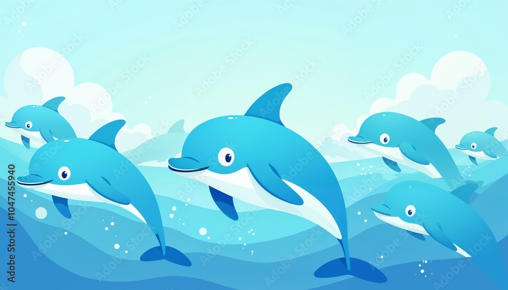 Playful Cartoon Dolphins in Joyful Ocean Scene
