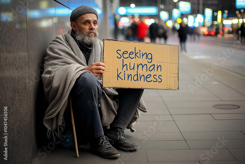 A man sitting on the street holding a cardboard sign that reads 'Seeking human kindness' at night, depicting homelessness and empathy. photo