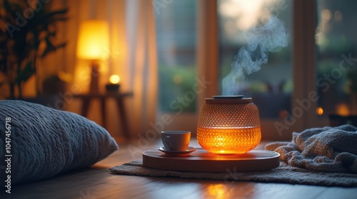 A cozy kotatsu radiates warmth, inviting relaxation with steam rising from a teacup, surrounded by ambient light and soft textures. photo