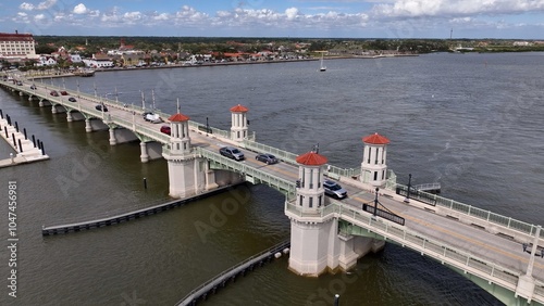 St Augustine Florida aerial view of historic Bridge Of Lions crossing inlet waterway with cars traveling  photo