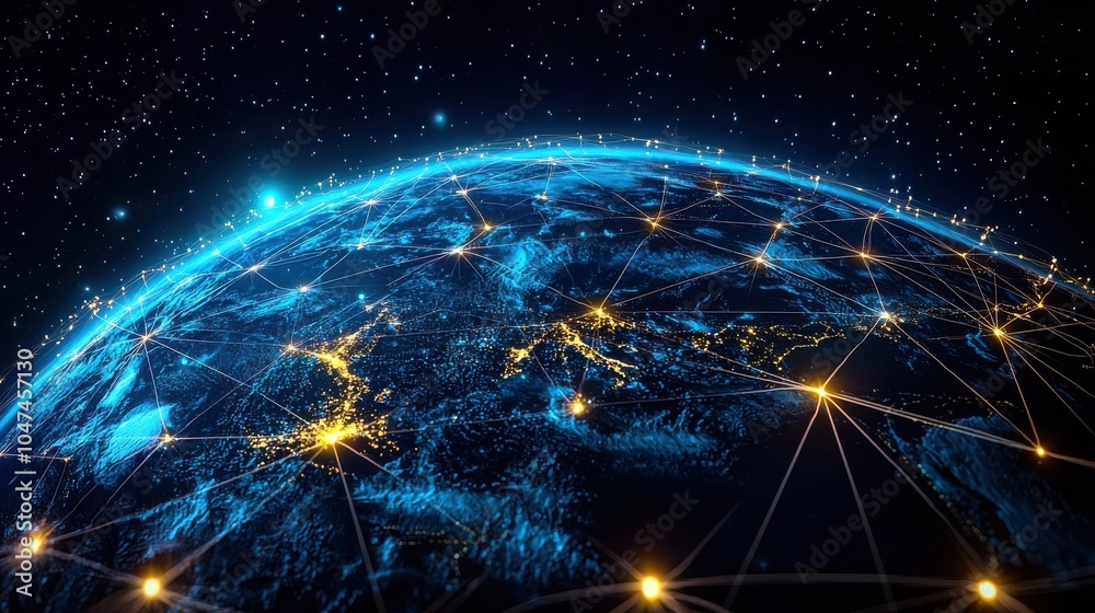Obraz premium A glowing view of Earth from space highlighting interconnected cities and networks at night