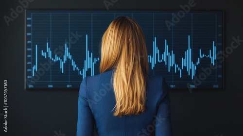 Businesswoman Analyzing Data Trends on a Screen