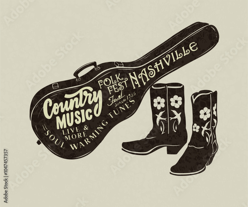 western country music vector design, Nashville folk music fest artwork t shirt, poster, graphic print, guitar case with cowboy boots vector art