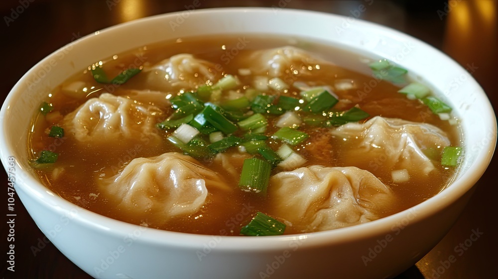 Steaming bowl of wonton soup with plump wontons floating in clear broth, accented by chopped green onions. Simple yet flavorful Chinese comfort food. Steaming bowl of wonton soup with plump wontons floating in clear broth, accented by chopped green onions. Simple yet flavorful Chinese comfort food.