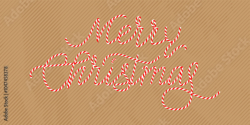 Merry Christmas candy cane text effect. Stripeds red white letters.  Xmas decoration