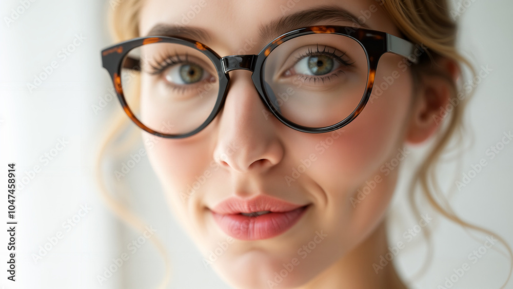 Elegant Close-Up Portrait of a Woman with Glasses Against a White Background for Stylish Wallpaper