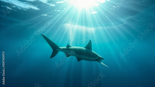 Wallpaper Mural Spectacular Wide Shot of a Shark Fin Gracefully Gliding Through Transparent Ocean Waters, Surrounded by Lively Marine Ecosystem. Torontodigital.ca