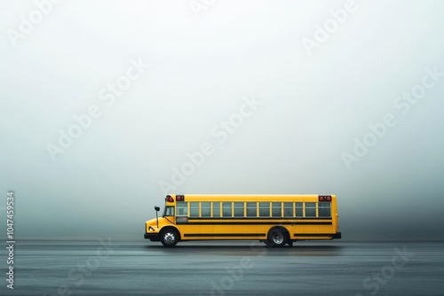 A brightly lit yellow school bus driving through a foggy morning, with mist surrounding the scene