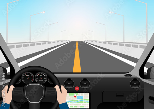 Man Driving Inside a Car. Driver's View from Inside a Car. Car Interior with Steering Wheel and Car Dashboard. Vector Illustration.