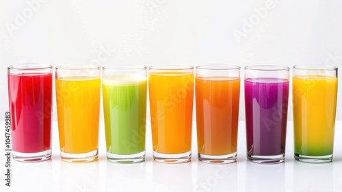 Six Glasses of Colorful Juice on a White Surface