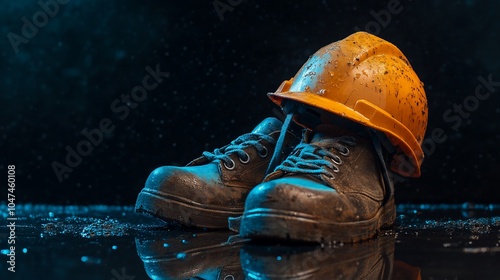 A pair of dirty work boots with a yellow hard hat on top, on a wet surface with a dark background. photo