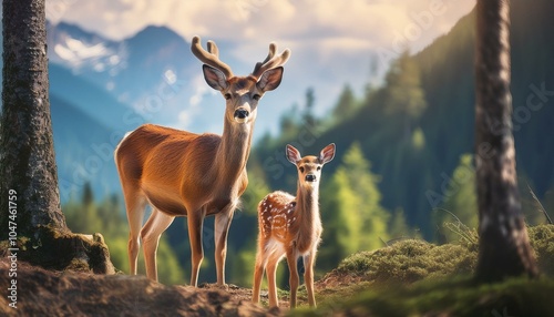 un ciervo con su cria en mitad del bosque photo