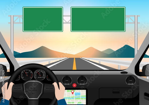 Man Driving Inside a Car. Driver's View from Inside a Car. Car Interior with Steering Wheel and Car Dashboard. Vector Illustration.