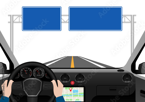 Man Driving Inside a Car. Driver's View from Inside a Car. Car Interior with Steering Wheel and Car Dashboard. Vector Illustration.