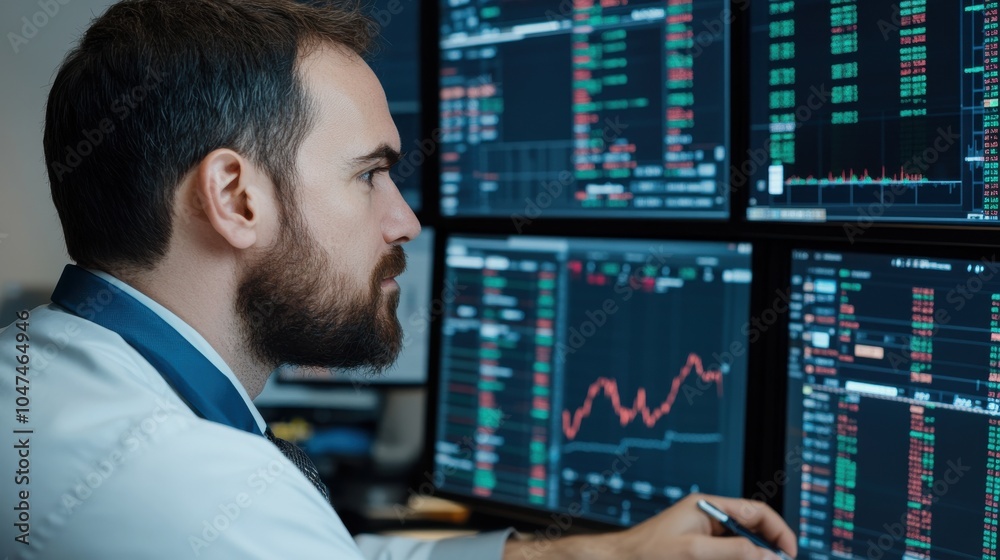 Stock Trader Analyzing Data on Multiple Monitors Stock Trader Analyzing Data on Multiple Monitors