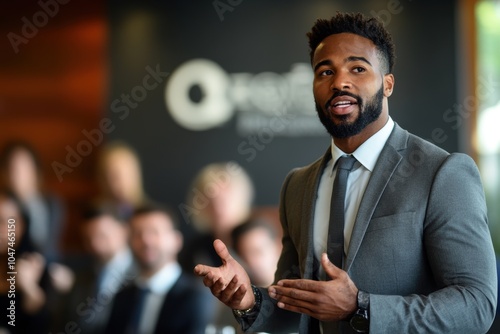 A well-dressed man presenting with confidence at a business conference. His expressive gestures and focused gaze emphasize leadership and public speaking skills. photo