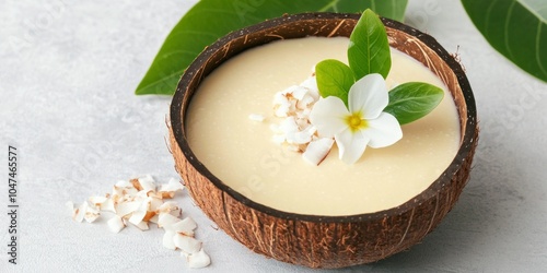 Exotic panna cotta served in a coconut shell with coconut flakes and a delicate flower