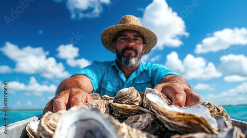 Oyster farmer harvesting oysters in a coastal bay, illustrating the sustainable practices involved in aquaculture photo