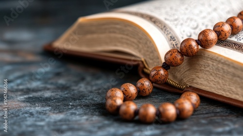 Open Quran with prayer beads resting on the pages, symbolizing devotion and spiritual reflection in Islam photo