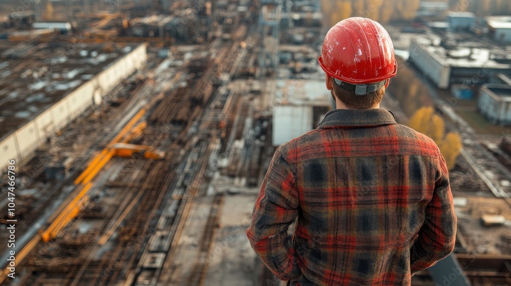 A construction worker in a red hard hat stands on an elevated platform, observing a bustling industrial site filled with cranes and machinery under a clear blue sky in the afternoon A construction worker in a red hard hat stands on an elevated platform, observing a bustling industrial site filled with cranes and machinery under a clear blue sky in the afternoon