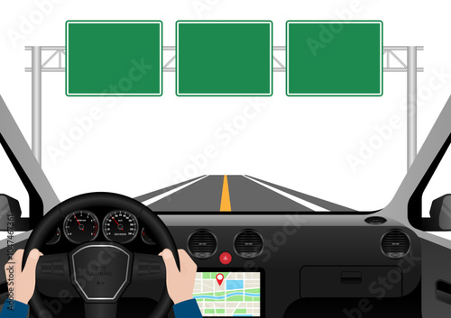 Man Driving Inside a Car. Driver's View from Inside a Car. Car Interior with Steering Wheel and Car Dashboard. Vector Illustration.