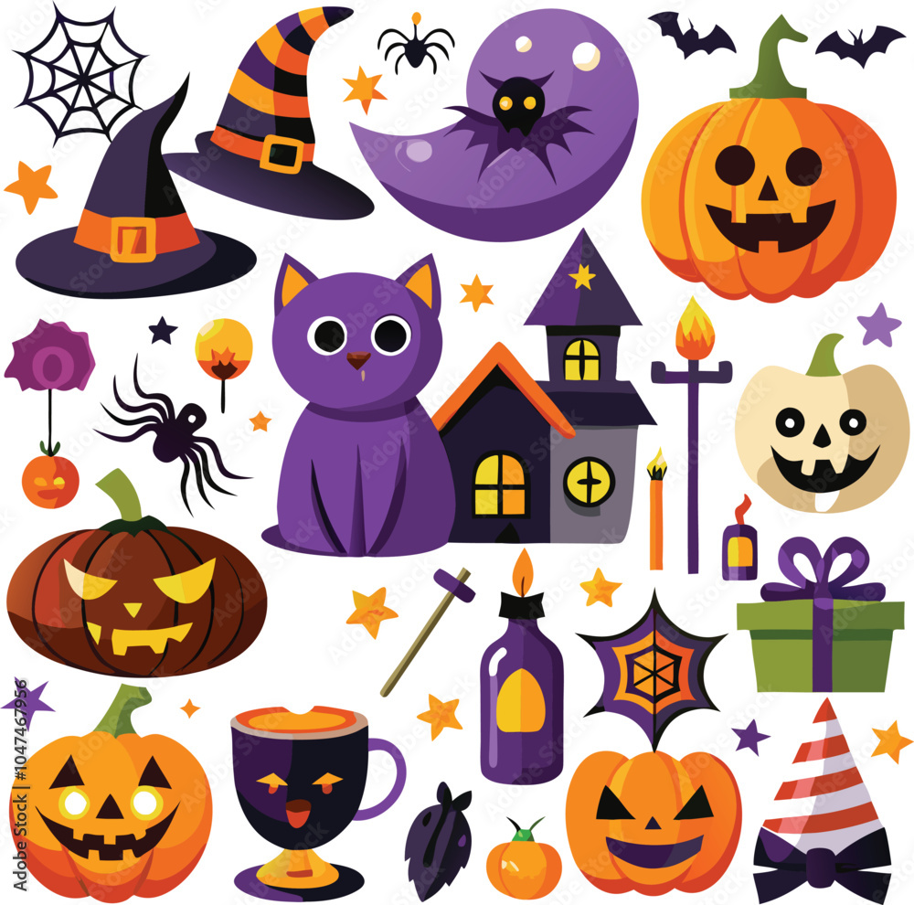 Fototapeta premium Halloween Decorations Spooky Pumpkins, Cats, and Bats