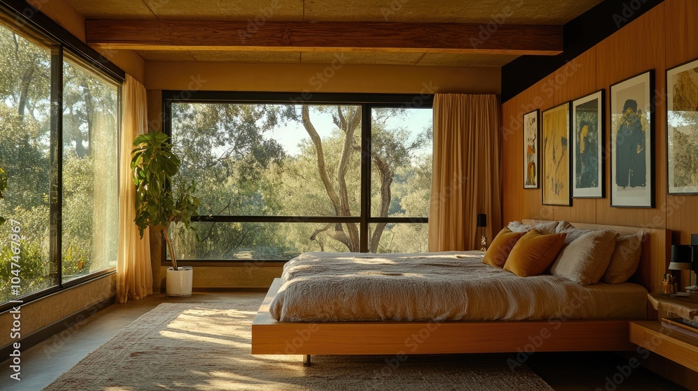 Fototapeta premium Modern Serene Bedroom with Natural Light and Green View