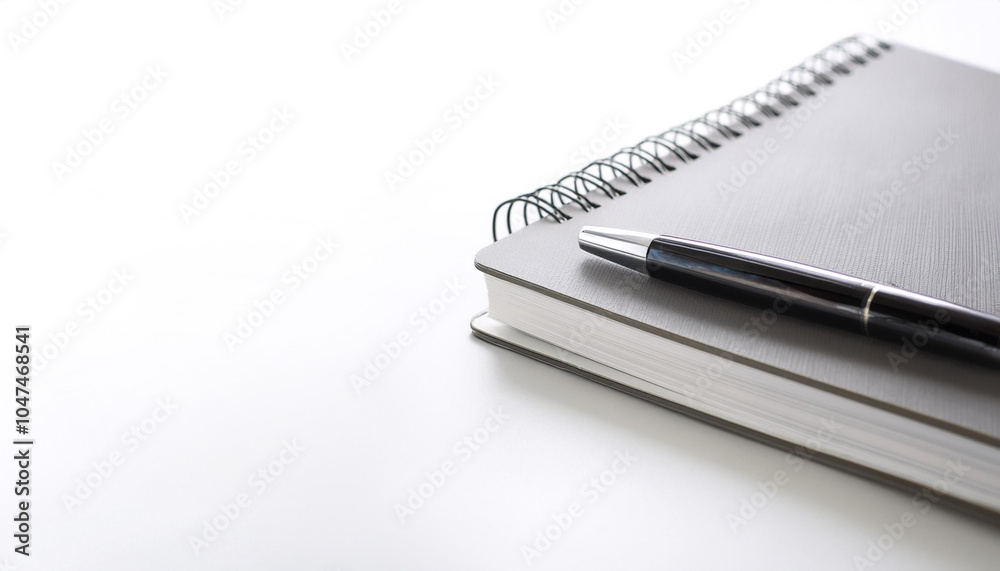Notebook with pen on side position provides copy space for text. background concept isolated white Notebook with pen on side position provides copy space for text. background concept isolated white
