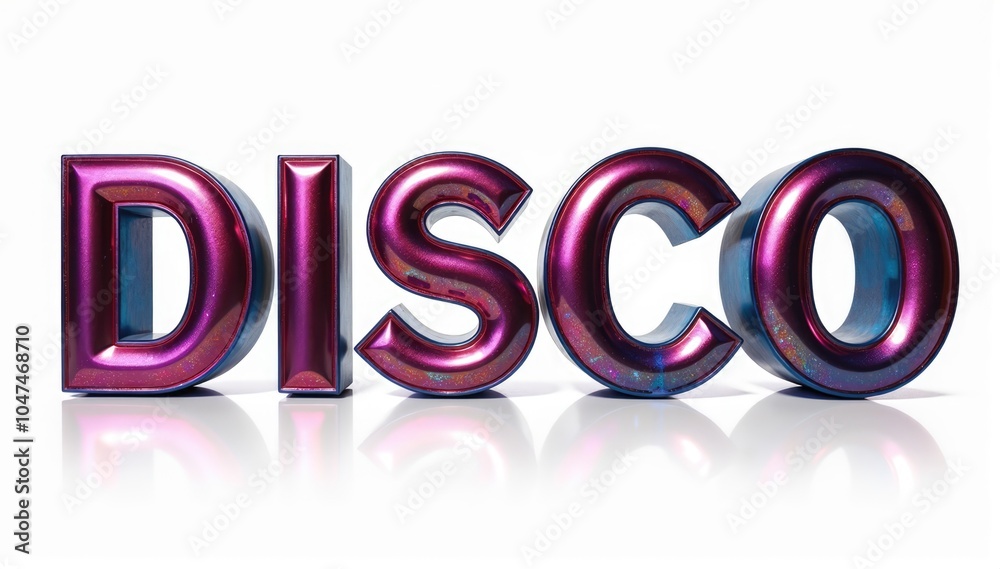 A vibrant and glossy rendering of the word disco reflecting colorful lights, evoking lively dance floor memories