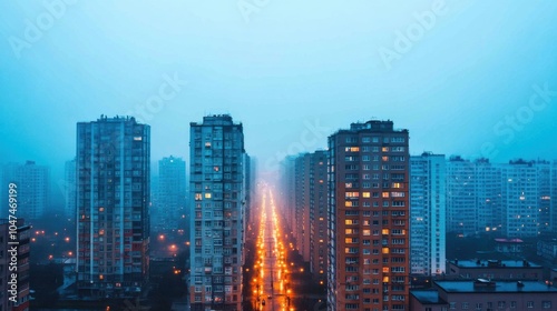 Rainy City Skyline with Soaked Streets and Lights