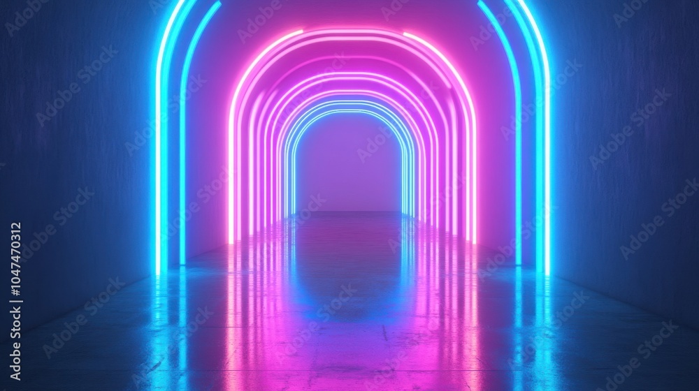 Neon Arcade with Empty Hallway in 80s Style Neon Arcade with Empty Hallway in 80s Style