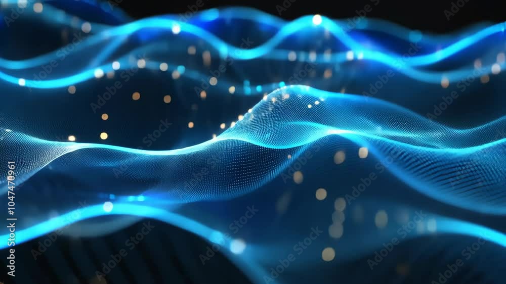 Discover the mesmerizing flow of animated blue waves with sparkling particles in a digitally crafted environment at night Discover the mesmerizing flow of animated blue waves with sparkling particles in a digitally crafted environment at night