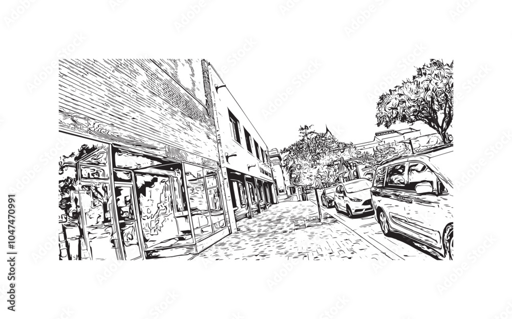 Print Building view with landmark of Sumter is the city in South Carolina. Hand drawn sketch illustration in vector.