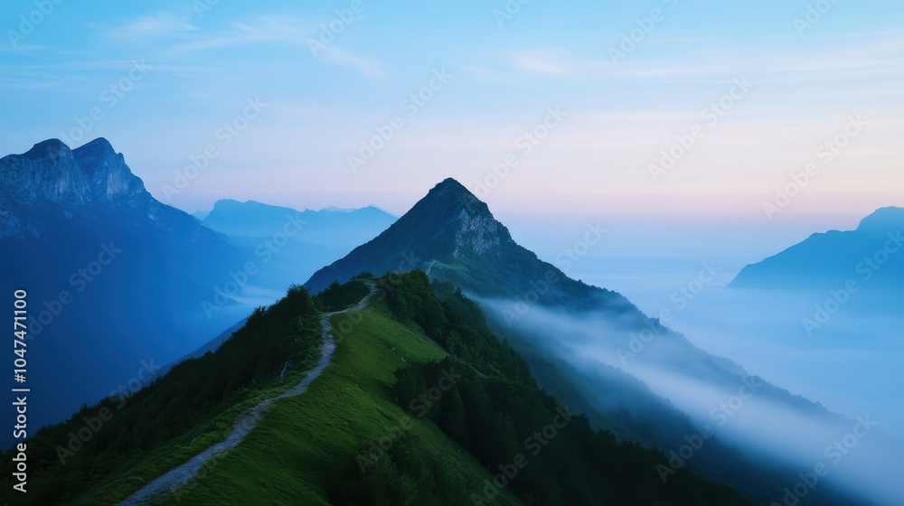 Misty Mountaintop at Dawn with Soft Fog Misty Mountaintop at Dawn with Soft Fog