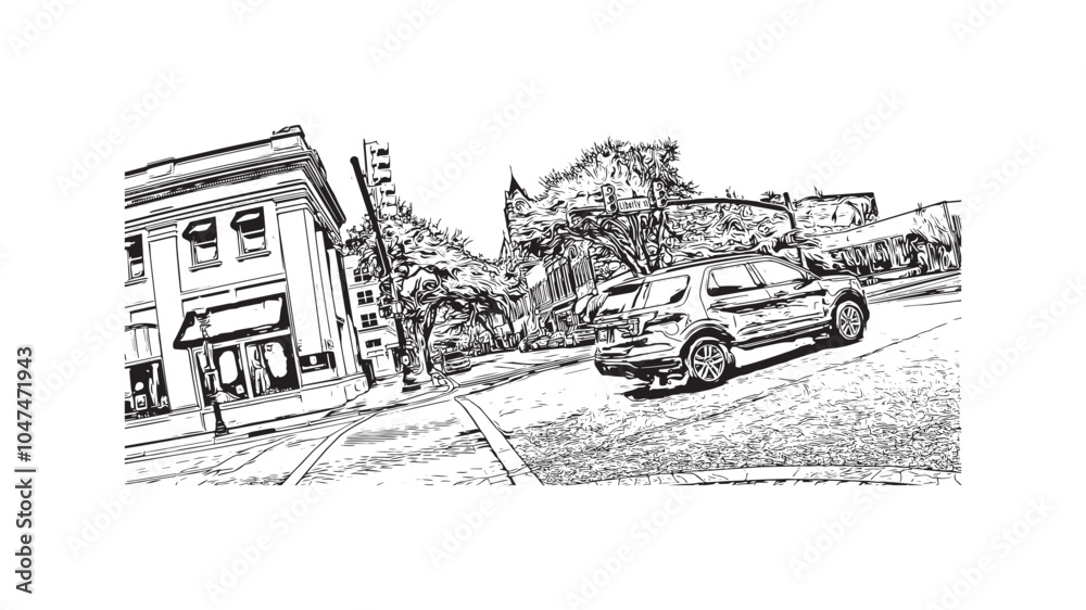 Print Building view with landmark of Sumter is the city in South Carolina. Hand drawn sketch illustration in vector.
