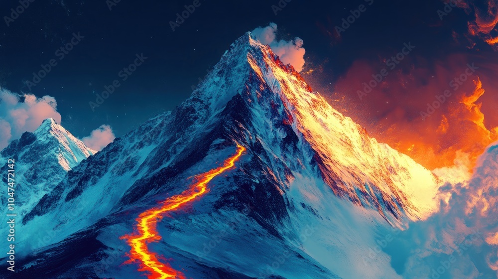 Obraz premium A dramatic mountain landscape with a flowing lava river and vibrant clouds at sunset.