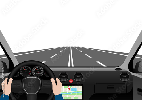 Man Driving Inside a Car. Driver's View from Inside a Car. Car Interior with Steering Wheel and Car Dashboard. Vector Illustration.