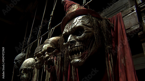 Four grotesque masks hang on a dark wooden wall, a single, sinister red fabric draped behind them. photo