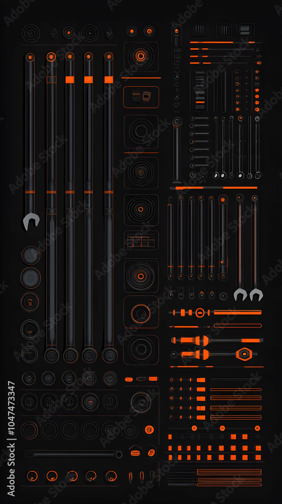 Futuristic UI elements with orange accents on a dark background. Futuristic UI elements with orange accents on a dark background.