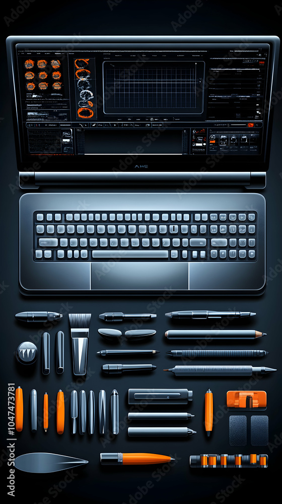 Laptop with graphic design tools. Laptop with graphic design tools.