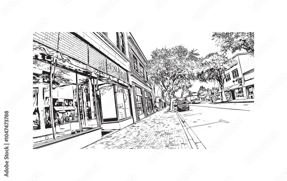 Print Building view with landmark of Sumter is the city in South Carolina. Hand drawn sketch illustration in vector.