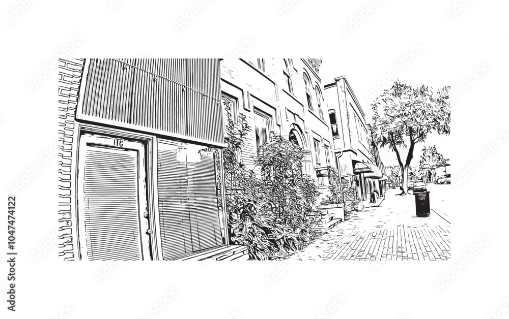Print Building view with landmark of Sumter is the city in South Carolina. Hand drawn sketch illustration in vector.
